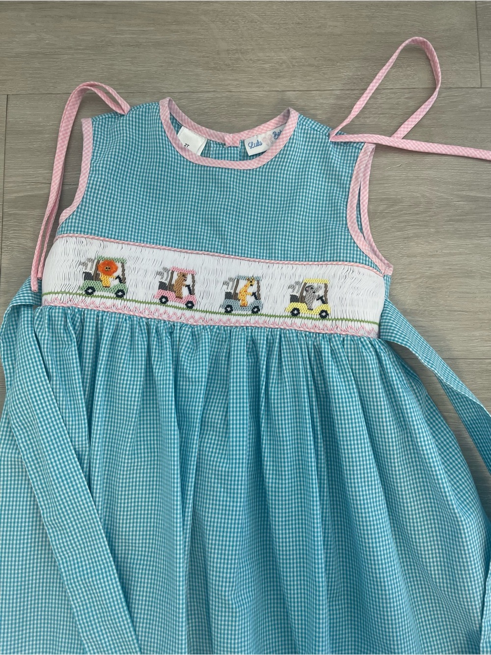 Smocked Gingham Kids Dress with Pastel Pink Trim - Aqua